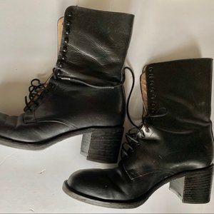 Black Genuine Leather Block Heel Lace Up Boots 90s